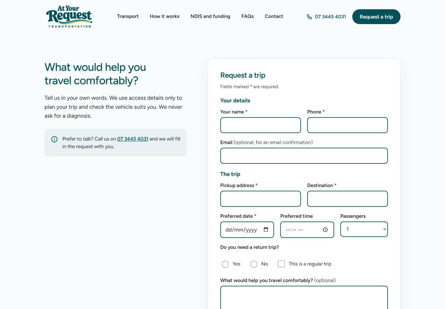 Trip request form asking for contact details, pickup, destination, date, time and comfort needs