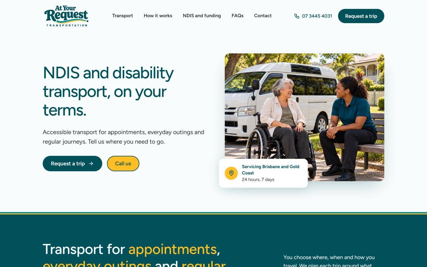 At Your Request Transportation home page: headline, Request a trip button and a photo of a passenger and driver beside the van