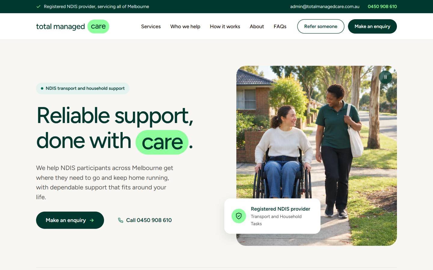 Total Managed Care home page: headline Reliable support, done with care, with a photo of a participant and support worker